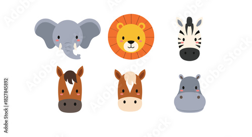 Charming collection of six cute cartoon animal faces featuring an elephant lion zebra horses and a hippopotamus on white.