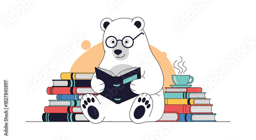Adorable polar bear with glasses enthusiastically reads a book while sitting on a pile of books next to a warm cup of tea.