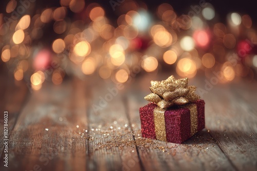 Small red gift box with a golden glitter bow rests on a wooden floor, illuminated by soft, warm lights, surrounded by a bokeh of festive colors