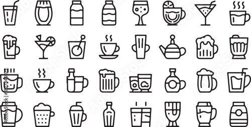 Line art shows isolated beverages like coffee, beer, cocktails, and juices arranged in rows
