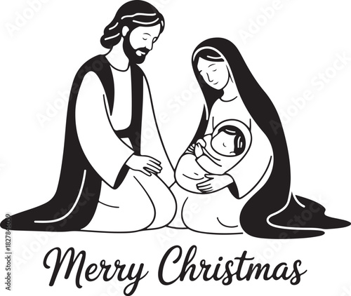 Monochromatic depicts Mary holding baby Jesus, and Joseph beside her saying Merry Christmas and transparent background