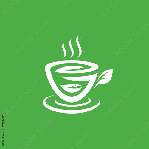 vector illustration of a stylized teacup with a natural leaf design, emitting gentle steam on a vibrant green background, perfect for organic beverage branding