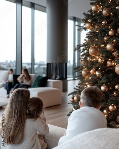 In a stylish living room, kids enjoy the serene atmosphere around a beautifully decorated Christmas tree, encapsulating the thrill and excitement of holiday traditions and family bonding.