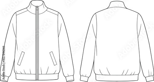 cad drawing flat vector illustration, zip front jacket sketch, fashion template, ribbed cuffs hem, garment design, apparel construction