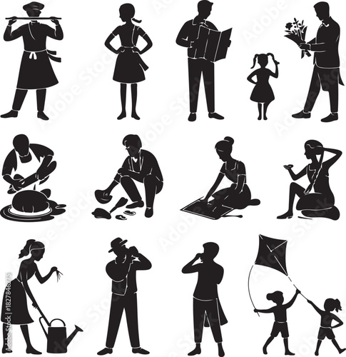 Silhouettes of people performing various activities in black and white