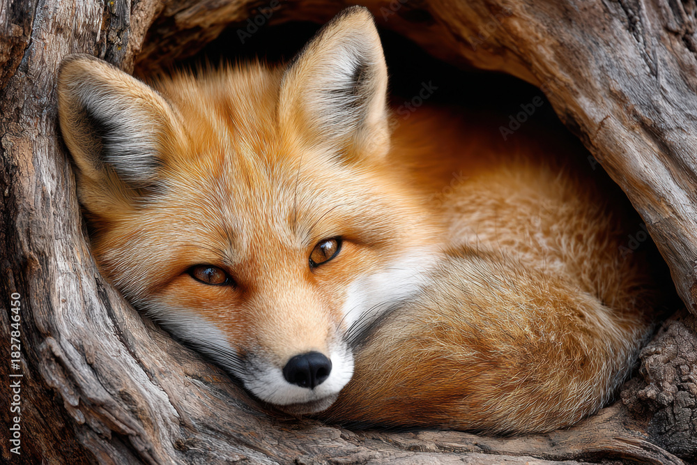Obraz premium Red fox resting peacefully in the hollow of an ancient tree during the day