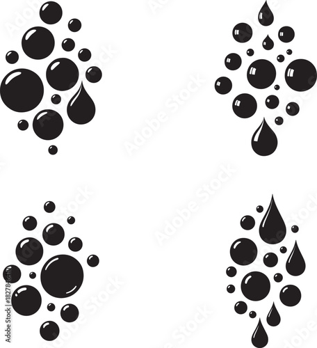 Black oil drops and bubbles collection isolated on white background