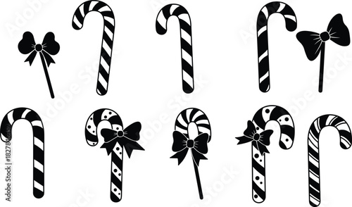 Christmas candy cane silhouette set, festive bow decoration, holiday striped sweet icons, seasonal dessert vector, black and white graphic design