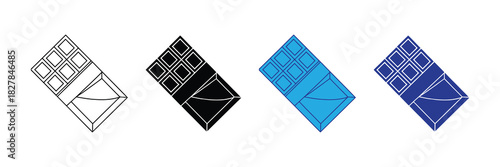 Vector illustration of a chocolate bar with wrapper, presented in line art, solid fill, and stylized blue icon variations on white background