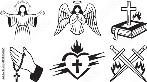 Six black and white Christian symbols showcase religious iconography with faith and holy imagery on transparent backdrop