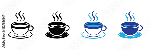 Collection of four steaming coffee cup icons in black and blue, representing hot beverage in different styles and colors on white background