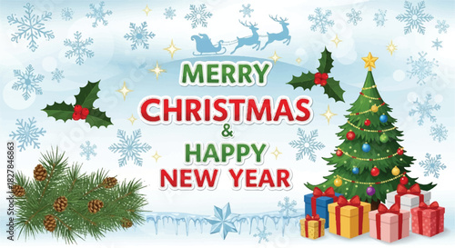 Merry Christmas and Happy New Year festive greeting with decorated tree and gifts.