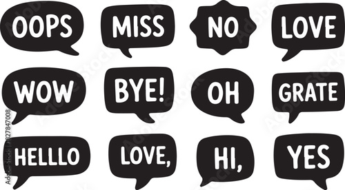 Twelve speech bubbles show black shapes containing common short words in white lettering