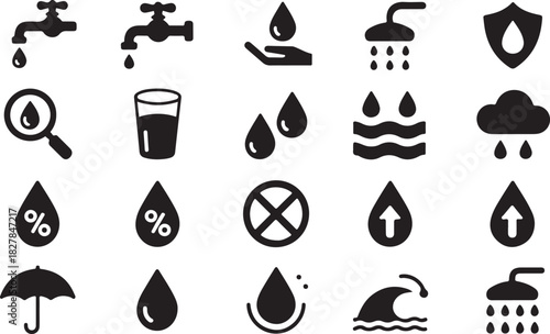 Variety of waterthemed icons showcase different liquid representations and concepts in black and white
