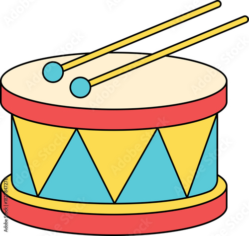 Flat illustration of a colorful drum with drumsticks. Perfect for music and entertainment themes.