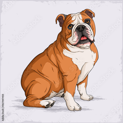Hand drawn sitting English bulldog illustration with detailed wrinkles and stocky build, expressive brown domestic dog breed artwork