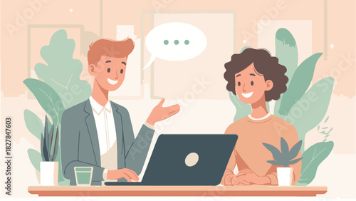 ILLUSTRATION IMAGE OF TWO EMPLOYEES HAVING A CONVERSATION ABOUT BUSINESS ON THEIR LAPTOP