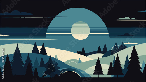 SIMPLE ILLUSTRATION-STYLE WALLPAPER WITH A DARK SCENERY THEME AND A MOONLIT NIGHT VIBE