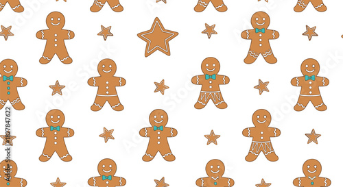 Seamless holiday pattern background featuring cute gingerbread men cookies and stars perfect for christmas wrapping paper or fabric design.