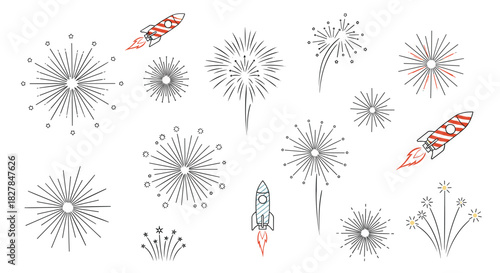 Doodle collection of various festive fireworks explosions and rockets in a hand-drawn sketch style for holiday and celebration designs.
