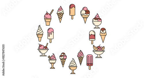 Circular frame made from a colorful collection of various ice cream icons including cones sundaes and popsicles on a white background.