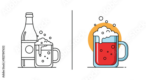 Beer bottle and foamy mug icon set shown in both a simple black outline style and a full color version with red craft ale inside.