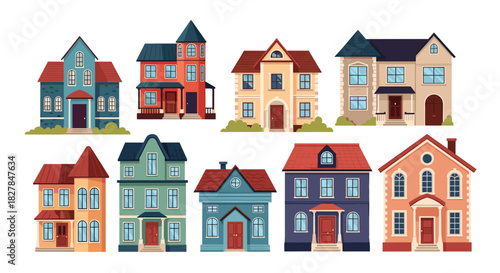 Diverse set of colorful cartoon houses in various flat design styles representing a suburban neighborhood for real estate concepts.