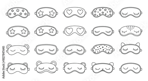 Large collection of cute sleeping masks in a simple black and white outline style with various fun designs like stars hearts and animals.