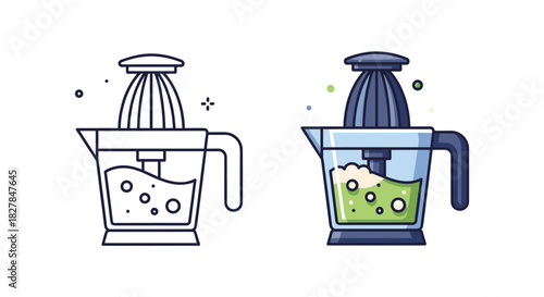 Kitchen citrus juicer icon shown in two styles a simple black outline and a full-color version with fresh green juice inside.