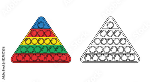 Triangular pop-it fidget toy for stress relief shown in a colorful version and as a black and white outline for a coloring page.