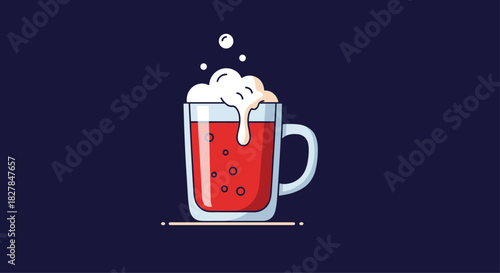 Simple cartoon vector illustration of a glass mug filled with frothy red beer or ale with bubbles on a dark blue background.