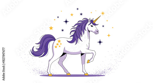 A beautiful and magical white unicorn with a vibrant purple mane and tail is surrounded by golden stars in a fantasy illustration.