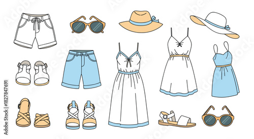 A collection of women's summer clothing and accessories including dresses shorts sandals and hats for a vacation or beach-themed design.