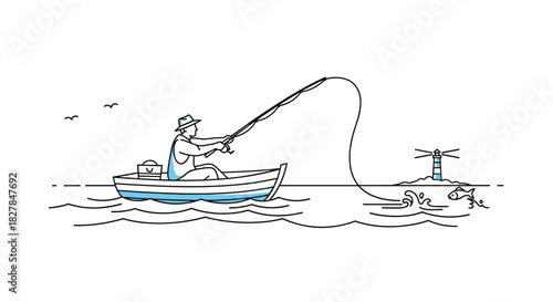 A minimalist line art illustration of a fisherman in a small boat actively fishing on the water with a lighthouse in the distance.