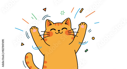 A joyful and cute orange cartoon cat throws its paws in the air to celebrate surrounded by colorful confetti in a happy illustration.