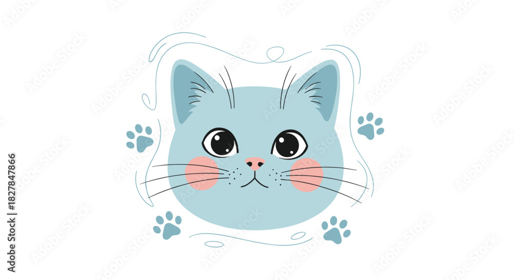 Obraz premium Adorable light blue kitten face with rosy cheeks and paw prints around it in a charming hand-drawn doodle vector illustration.