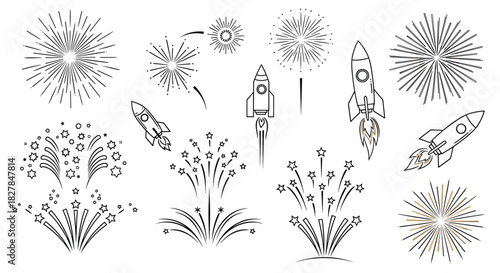A large collection of festive fireworks and launching rockets in a simple black and white outline style for holiday and celebration designs.