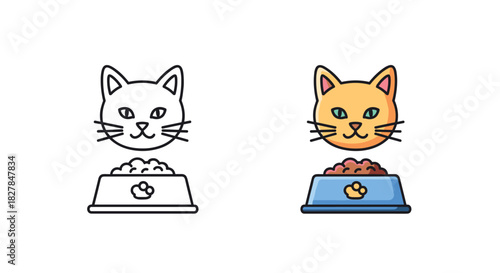 A pet food icon featuring a cat's head above a bowl of kibble is shown in both a simple outline and a full-color version.