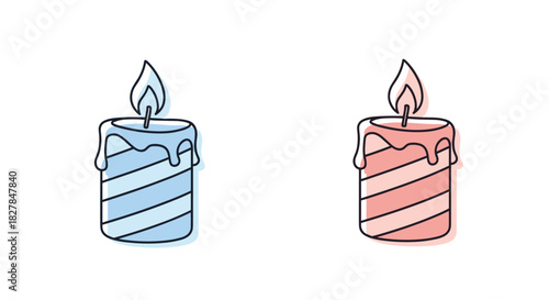 A simple doodle of a striped candle with melting wax is shown in two color variations a blue and a pink version for celebrations.