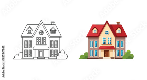 A classic two-story mansion or large suburban house is illustrated in both a detailed full-color version and a clean outline for coloring.