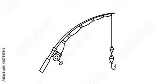 A simple black and white line art icon of a fishing rod with a reel and a hook ready for a relaxing day of fishing.