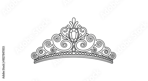 An elegant and ornate princess tiara with jewels and swirls is presented in a detailed black and white outline style for coloring.