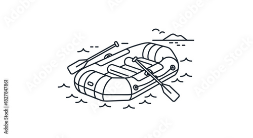 A simple line art illustration of an inflatable raft boat with oars on the water for a river rafting or water adventure concept.