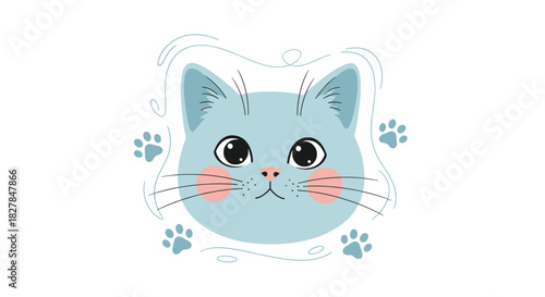Adorable light blue kitten face with rosy cheeks and paw prints around it in a charming hand-drawn doodle vector illustration.