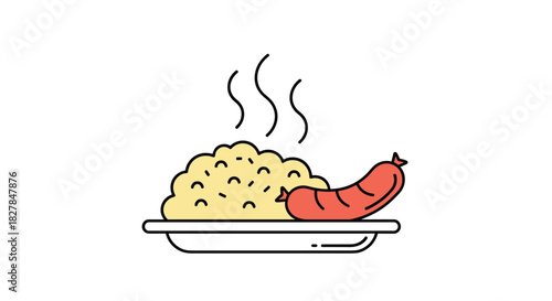 A simple line art icon with color accents shows a steaming plate of mashed potatoes and a sausage for a hearty meal concept.