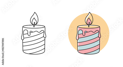 A cute cartoon of a striped holiday candle with melting wax is shown as both a simple outline and a colored version with a background.