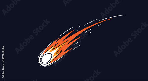 Stylized cartoon meteor with a fiery orange and yellow tail streaking across a dark night sky in a dynamic vector illustration.