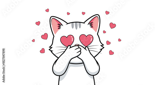 Cute white cat character with pink heart-shaped eyes covering its mouth in a charming expression of love and adoration vector art.