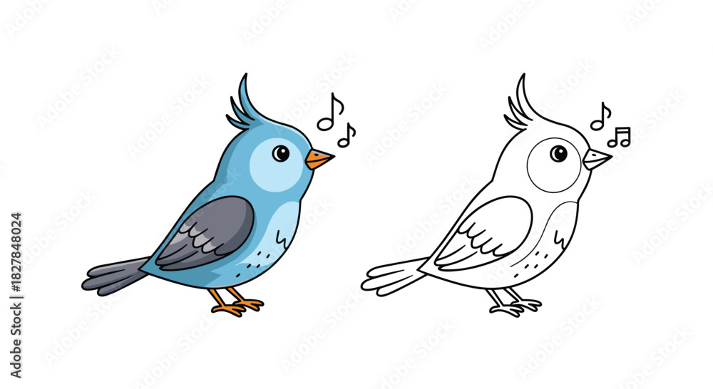 Fototapeta premium Adorable little blue cartoon bird singing a happy song with musical notes in both a colored version and a line art outline.