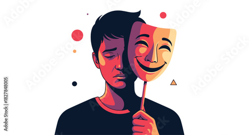 Conceptual illustration of a sad man hiding his depression and true feelings behind a smiling happy mask on a white background.